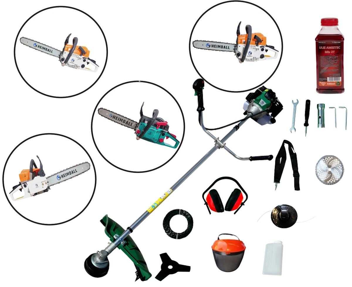 Pachet HEIMDALL: Motocoasa cu 8 Accesorii + Drujba + Ulei amestec