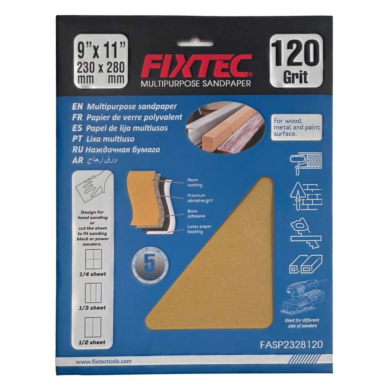 Set 5 foi abrazive FIXTEC P120 pentru pereti din rigips