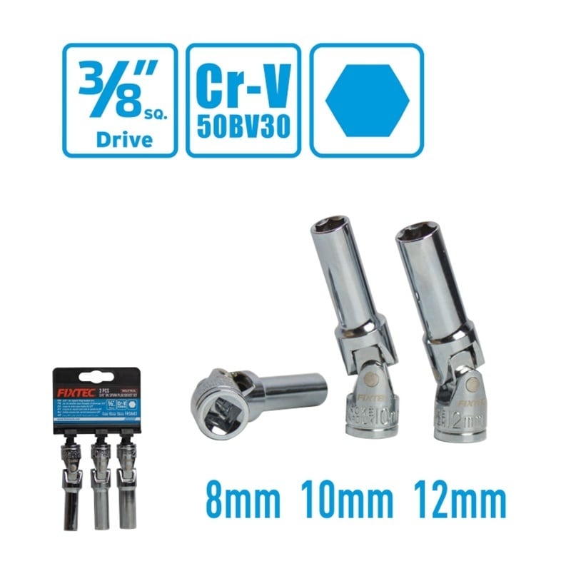 Set chei tubulare pentru bujii FIXTEC, 3 bucati, 3/8