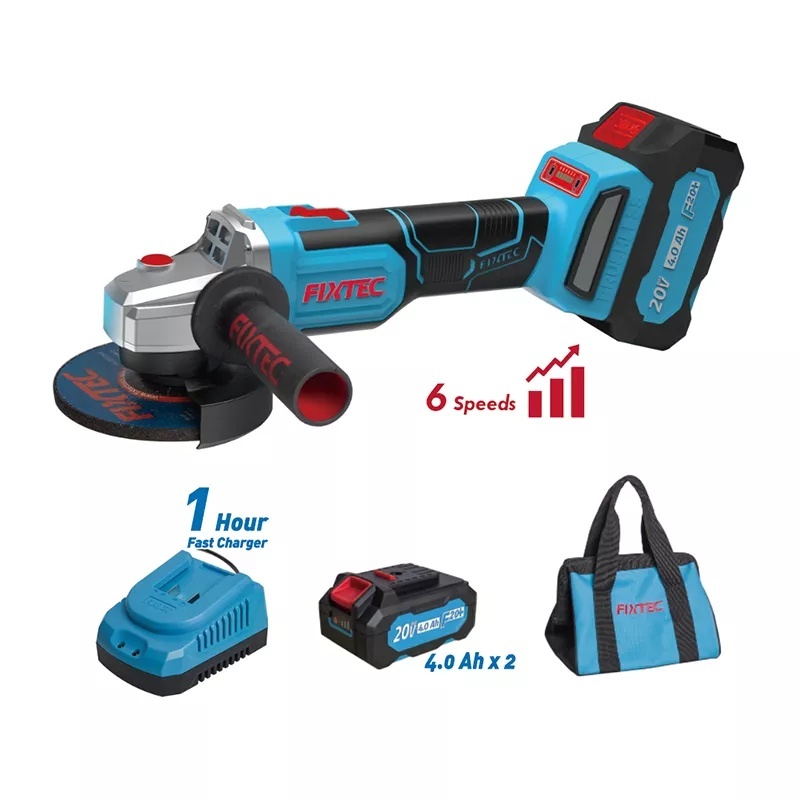 Set unealta polizor unghiular fara cablu FIXTEC 20V, motor fara perii, 2x4.0Ah, 6 trepte de viteza