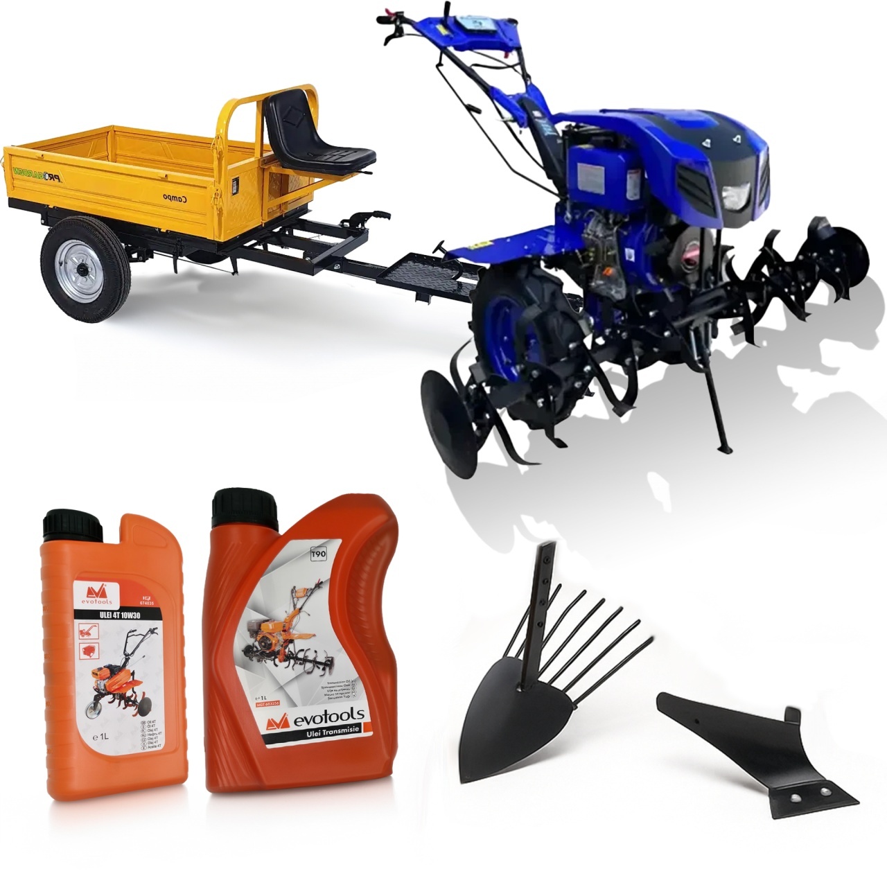 Motocultor 12CP Diesel, remorca, ulei motor si transmisie + 2 pluguri