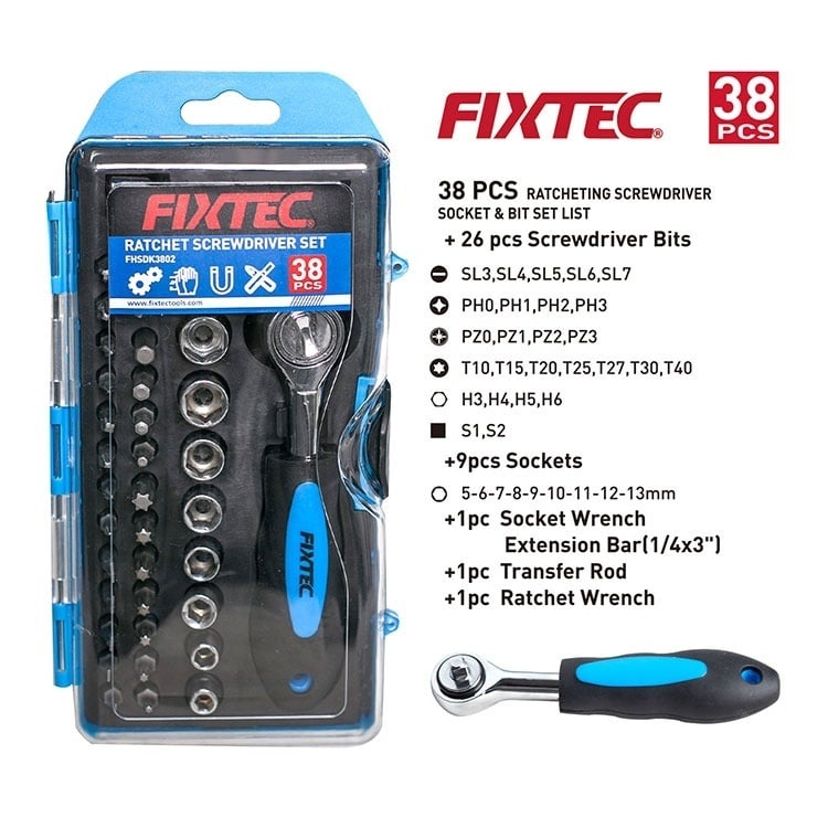 Set cu surubelnita cu clichet FIXTEC, 38 de componente, otel CR-V