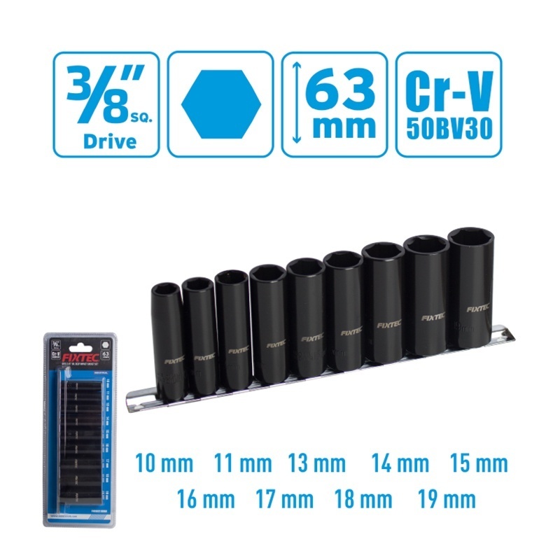 Set tubulare impact lungi FIXTEC 9 bucati, 3/8
