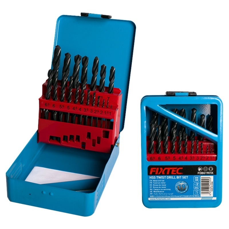 Set de burghie HSS FIXTEC 19 piese 1-10 mm in carcasa metalica