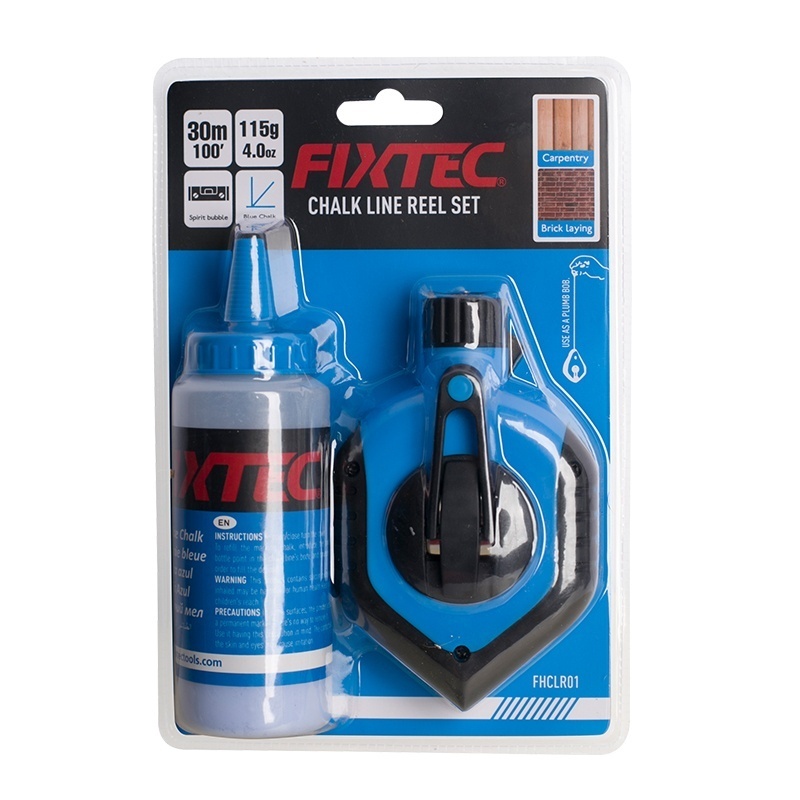 Set trasare FIXTEC cu fir 30 m – pulbere albastra si nivela cu bula
