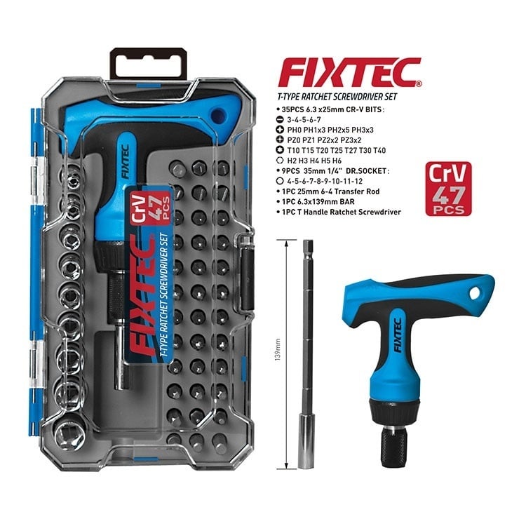 Trusa FIXTEC cu clichet T-handle, 47 de unelte CR-V