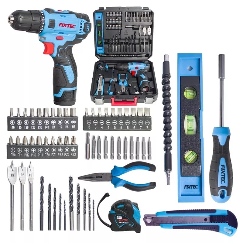 Kit masina de gaurit FIXTEC 12V cu acumulator, 60 piese incluse