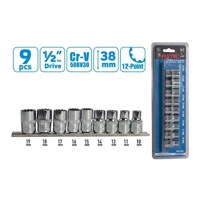 Set chei tubulare FIXTEC 9 bucati, 1/2