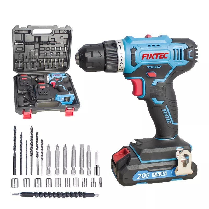 Set masina de gaurit FIXTEC 20V fara cablu, cu LED, ax blocabil, 2x1500mAh Li-ion