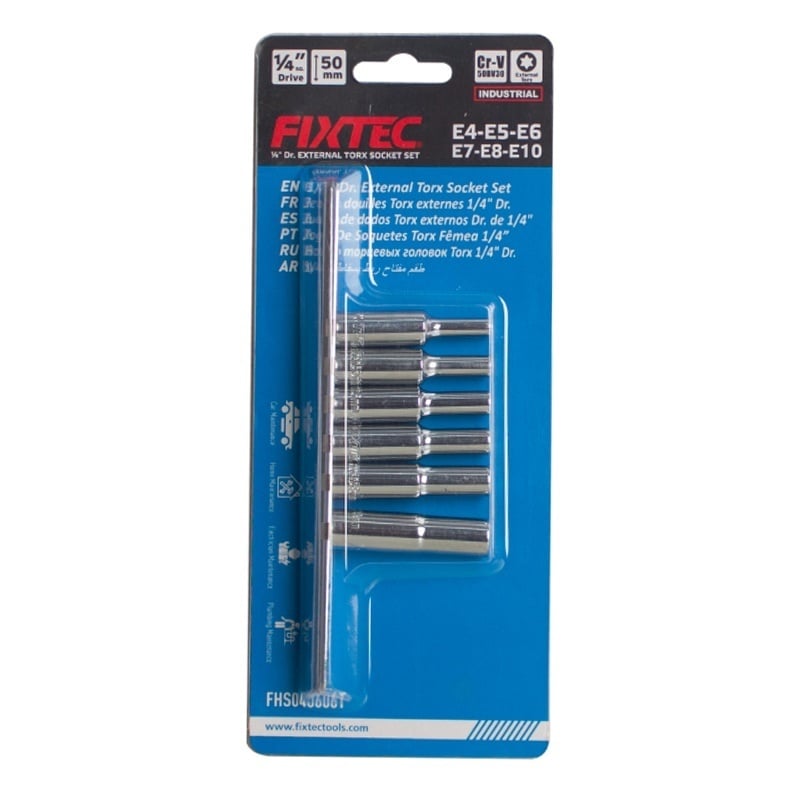 Set FIXTEC 6 tubulare Torx externe 1/4″ E4‑E10