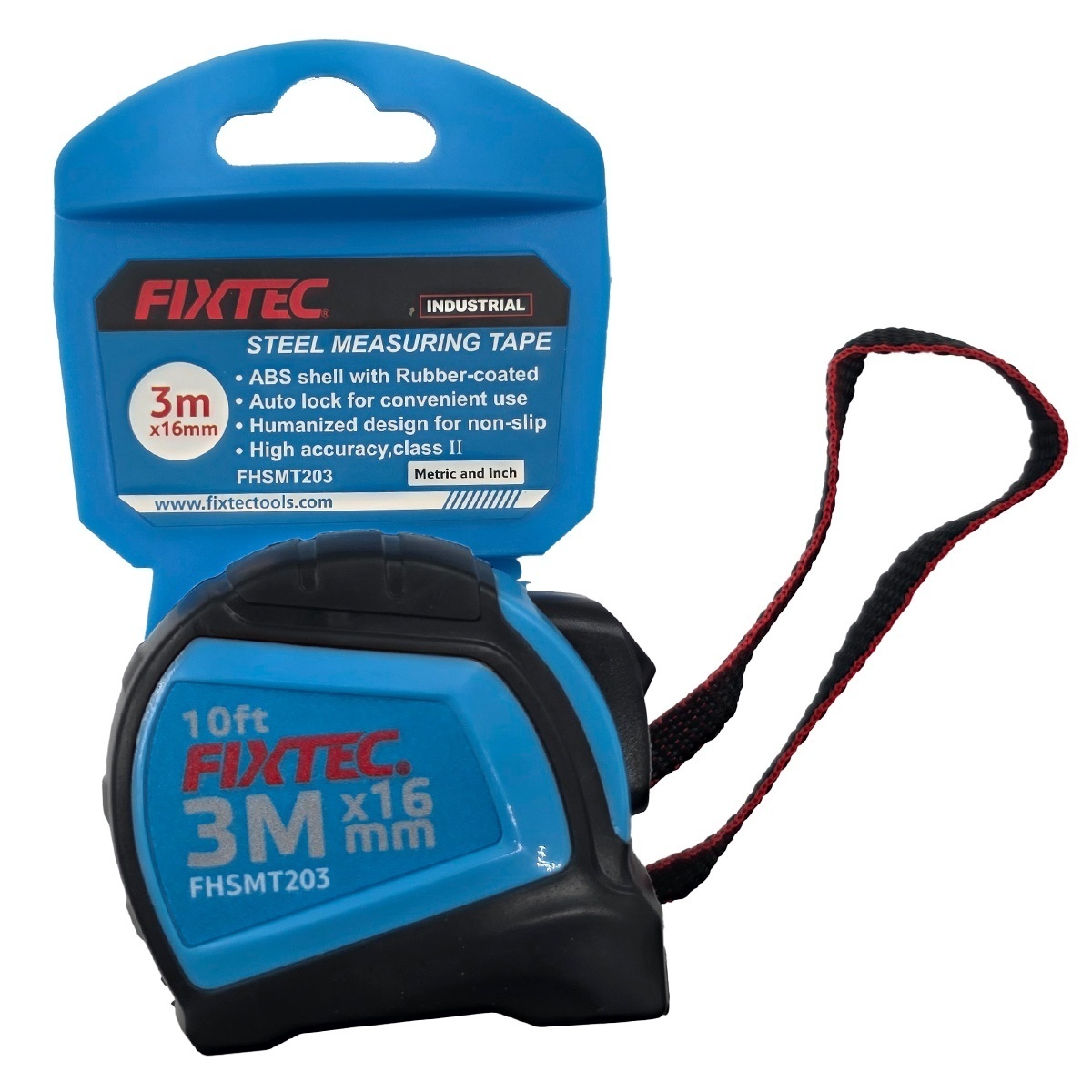 Ruleta din metal FIXTEC 3 m × 16 mm cu sistem de blocare automata