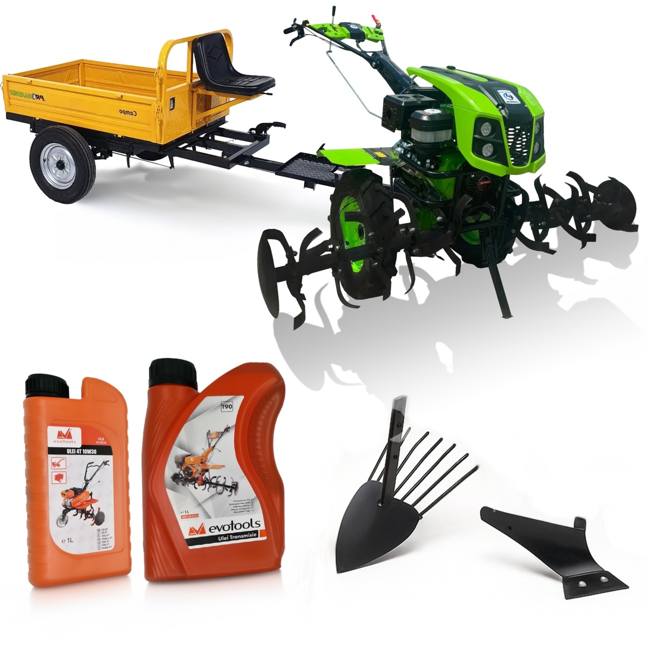 Motocultor 16CP Diesel cu remorca, ulei motor, transmisie + 2 pluguri