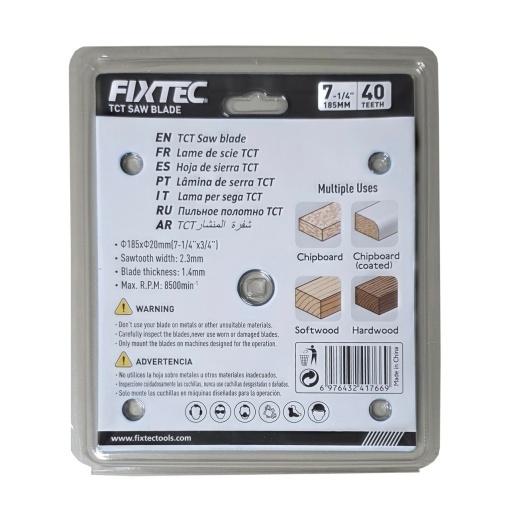 Disc circular FIXTEC 185 mm, 40 dinti TCT pentru debitare lemn - Img 2