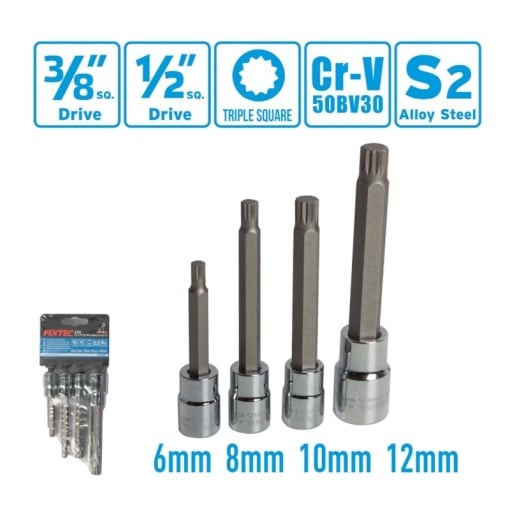 Set de 4 capete tubular-bit FIXTEC Triple Square 3/8″ si 1/2″