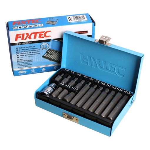 Set capete hexagonale FIXTEC 15 buc, 1/2", otel S2, cutie metalica - Img 3