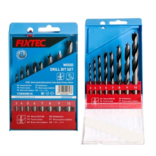 Kit burghie pentru lemn FIXTEC 8 piese 3.4–10 mm