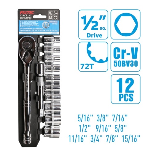 Trusa chei cu clichet FIXTEC 12 componente 1/2", otel CR-V