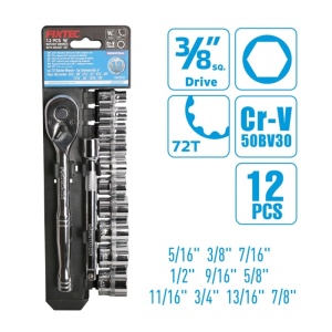 Trusa clichet FIXTEC cu tubulare 3/8", 12 piese, otel CR-V