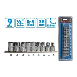 Set chei tubulare FIXTEC 9 bucati, 1/2", otel CR-V, 10-19mm