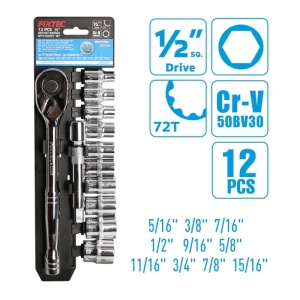 Set chei cu clichet FIXTEC 12 buc 1/2", otel CR-V