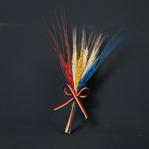 Cocardă cu flori uscate cu spic de grâu tricolor