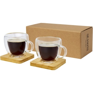 Pahar Manti din sticlă cu perete dublu, format din 2 piese, 100 ml, cu suport de pahar din bambus