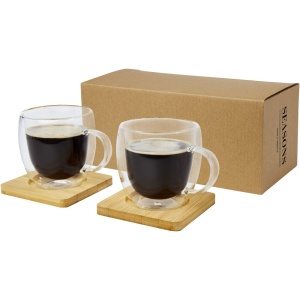 Pahar Manti din sticlă cu perete dublu, format din 2 piese, 250 ml, cu suport de pahar din bambus