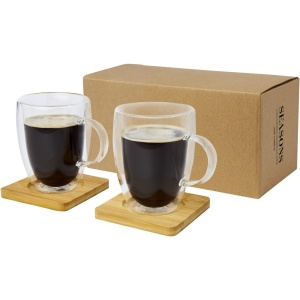 Pahar Manti din sticlă cu perete dublu, format din 2 piese, 350 ml, cu suport de pahar din bambus
