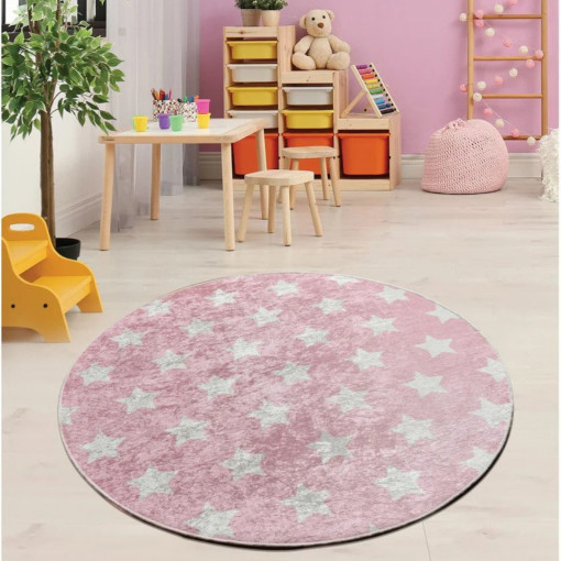 Okrugli roze dečiji tepih sa zvezdama
