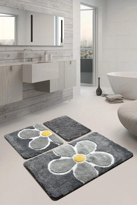 Tepih za kupatilo- cveće tamna, set 3 komada Flower Gri