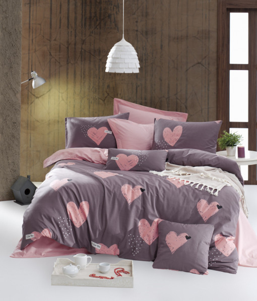 Enlora Home za bračni krevet- 100% prirodni pamuk- Jana roze sa srcima Ep-019094