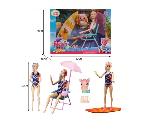 Lutka sa stolicom i surf daskom, na plaži, 30cm