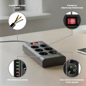 Razvodnik sa 6 mesta 2m 1.5mm2+pr. 4xUSB+2xtip C EL120 - Img 3