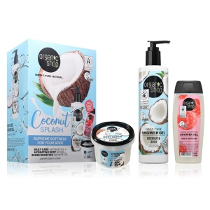 Set Organic Shop Coconut Splash - scrub 100 ml, gel de dus hidratant 280 ml, gel dus 100 ml