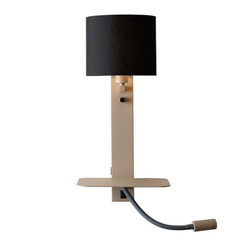 Aplica cu raft si reader LED, port USB si abajur textil negru Florence