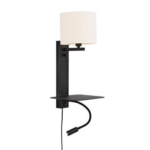 Aplica cu raft, reader LED, mufa USB si abajur textil alb Florence