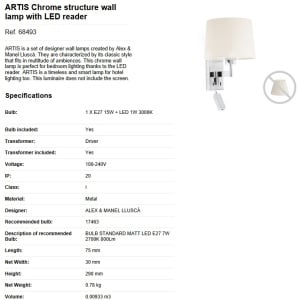 Aplica cu reader LED stil clasic design elegant ARTIS crom/alb 190030 universul-luminii.ro