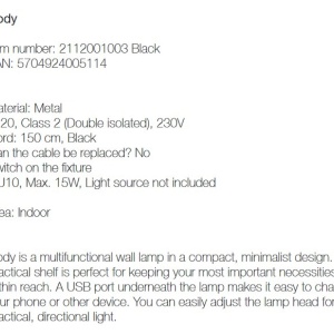 Aplica de perete, directionabila, port usb, design modern CODY negru 2112001003 NL 196770 universul-luminii.ro