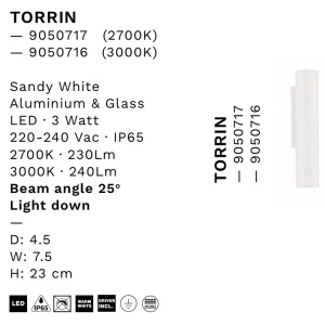 Aplica exterior cu iluminat jos LED 3000K IP65 TORRIN alb 250970 universul-luminii.ro