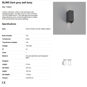 Aplica LED de exterior ambientala design modern IP54 BLIND gri 55680 universul-luminii.ro