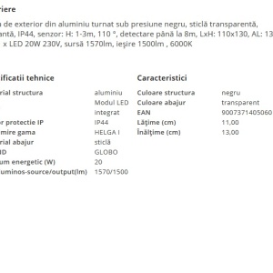 Aplica LED de exterior cu senzor de miscare IP44 HELGA I 203470 universul-luminii.ro