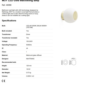 Aplica LED perete/tavan pentru baie IP44 MOY aurie 173950 universul-luminii.ro