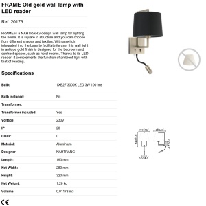 Aplica perete cu reader LED design clasic FRAME auriu antic/alb 190120 universul-luminii.ro