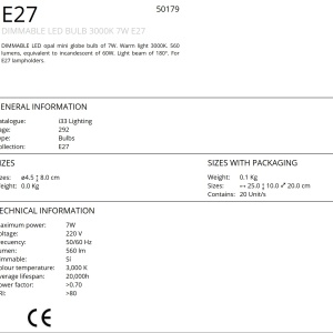 Bec LED E27 DIMABIL, 7W 3000K lumina calda Globe opal SV-50179 43660 universul-luminii.ro