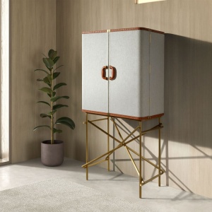 Bufet inalt LUX design italian, Tesatura gri deschis, Piele, Metal Golden - Img 4