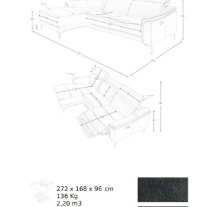 Coltar LUX design italian cu sezlong stanga si functia relax Cowhide negru - Img 10