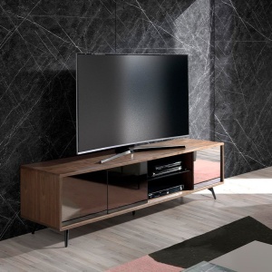 Comoda TV design LUX cu 3 usi negre efect de oglinda Walnut