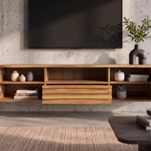 Comoda TV suspendata Relief 200cm, lemn de salcam - Img 11