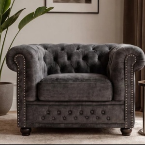 Fotoliu clasic stil englezesc Chesterfield, catifea gri antic - Img 5