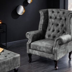 Fotoliu stil englezesc Chesterfield, catifea gri - Img 5